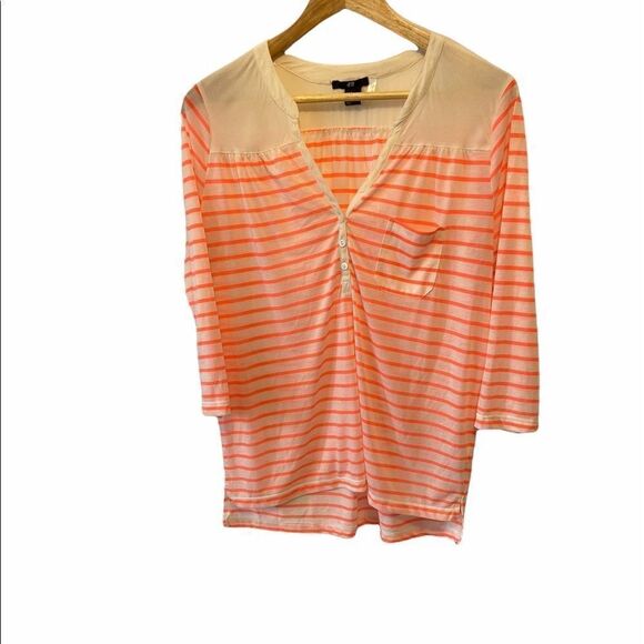 H&M Coral&Tan Semi Sheer Striped Light Top M - Picture 1 of 8